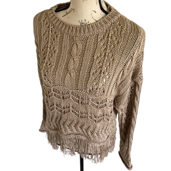 Zara Knit Crochet Fringe tan Sweater M Boho Western Cowgirl summer Festival - Picture 9 of 16